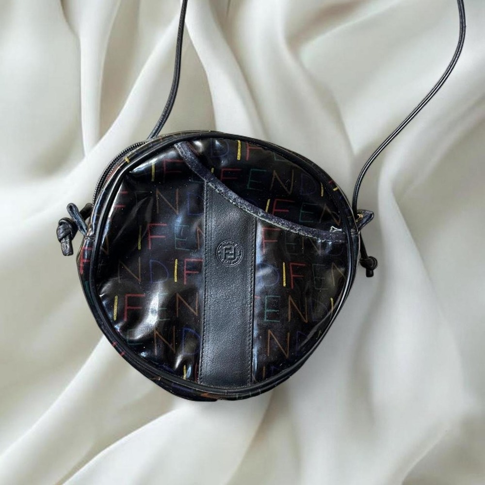 Fendi round crossbody bag multicolor logo print black leather y2k vintage